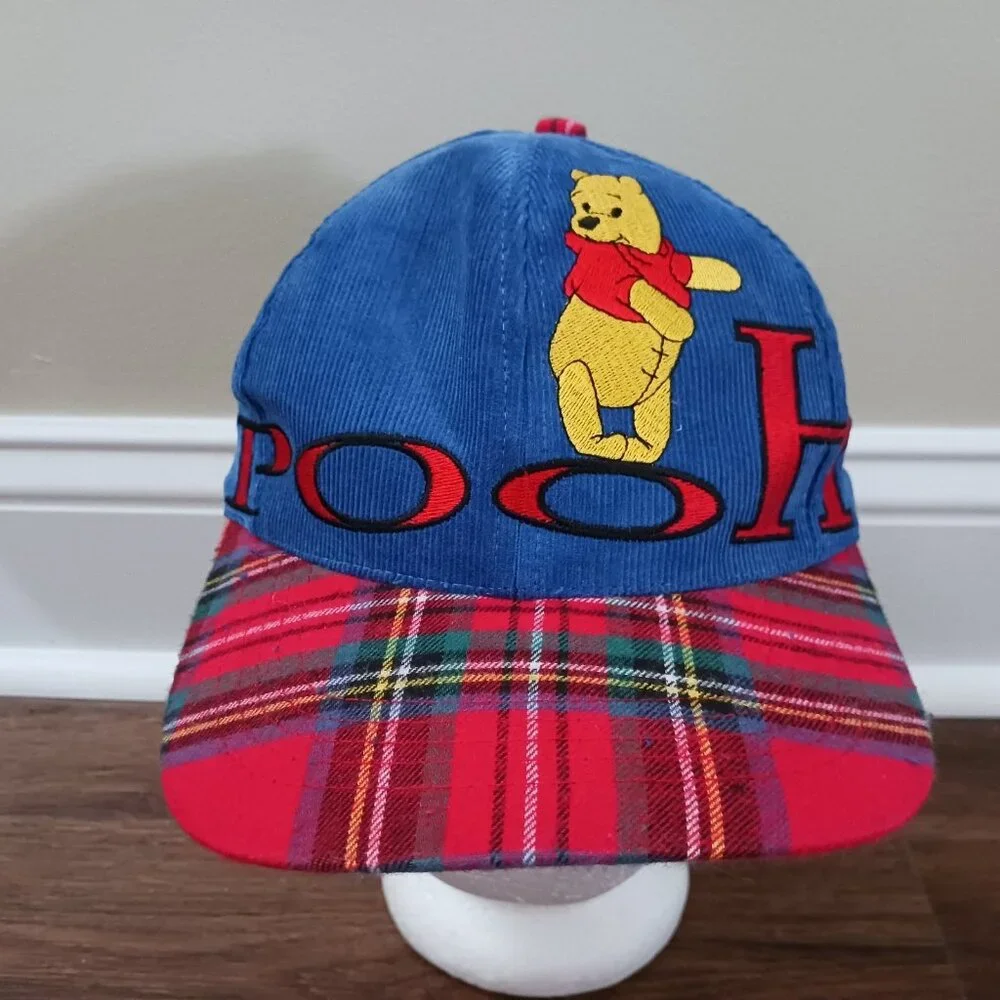 Vintage‎ Youth Winnie Pooh Embroidered Strapback Corduroy Plaid Cap Hat